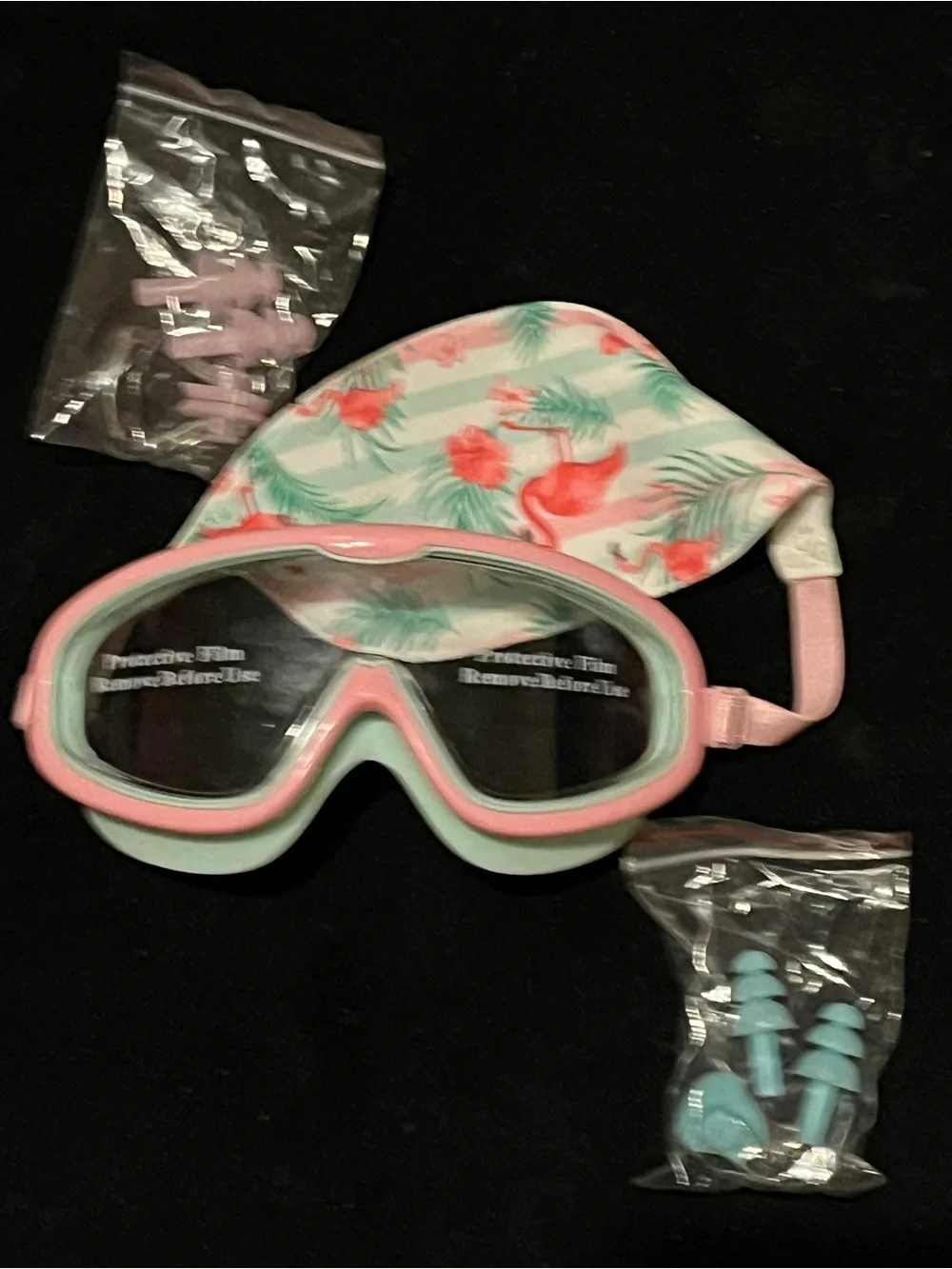 Pixel Panda Kids Flamingo Swim Goggles Set Cap Ear Plugs Nose Clip New